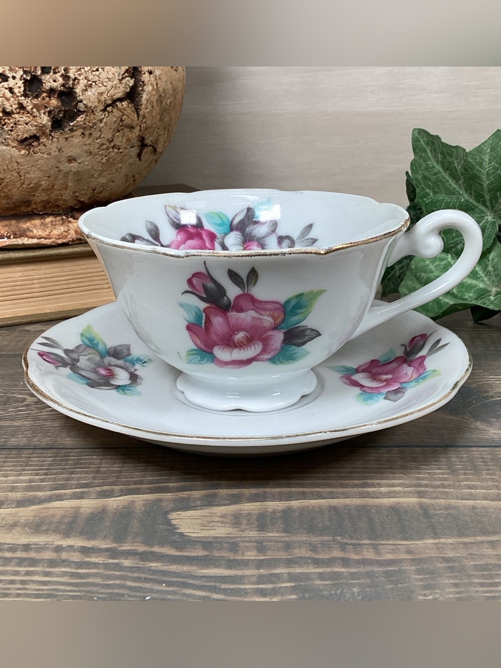 Vintage Shafford Japan Hand Painted Pink & Gray Floral Roses Teacup & Saucer Set